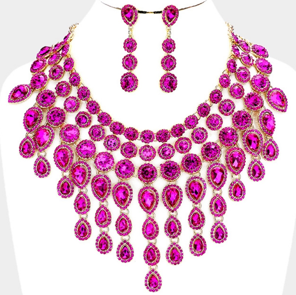 Elegant Fuchsia Fringe Crystal Choker Necklace Set Waterfall Statement Jewelry
